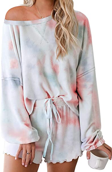 Actloe 2020 Women Tie Dye 1/4 Button Long Sleeve Pajama Sets Ruffle Sleepwear Front Drawstring Nightwear Loungewear