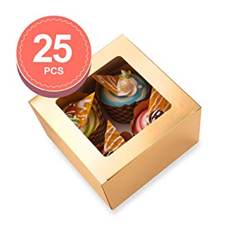 BAKIPACK 25 Gold Bakery Boxes with Window 5x5x3.5 Inches, Dessert Boxes with Window, Treat Boxes for Small Bakery, Dessert, Candy, Cookies, Pastry