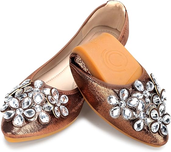 KUNWFNIX Women Ballet Flats Rhinestone Wedding Ballerina Shoes Foldable Sparkly Comfort Slip on Flat Shoes