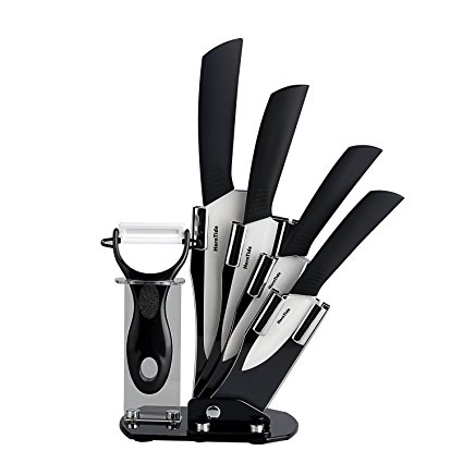 HornTide 6-Piece Kitchen Ceramic Knife Set (3"/7.5cm Paring 4"/10cm Utility 5"/13cm Slicer 6"/15cm Chef Knives with 1 Peeler and 1 Holder) White Blade and Black Handle