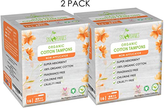 Organic Cotton Non-Applicator Tampons (Regular Absorbency) by Sky Organics (2 Pack)- Chemical-Free, Vegan & Cruelty-Free, Biodegradable Plant Based Feminine Care, Natural Digital Tampons (32 ct)