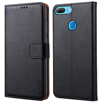 Peakally Case Compatible with Huawei Honor 9 Lite, Premium PU Leather Flip Wallet Cover [Card Slots] [Kickstand] [Magnetic Closure]-Black