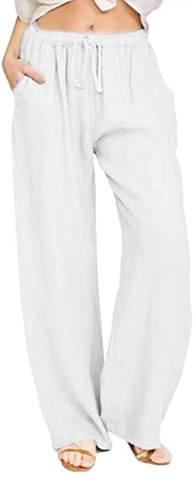 CHARTOU Women's Summer Drawstring Waist Wide Leg Loose Cotton Linen Palazzo Pants