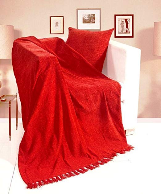 KLiving 50 x 60-Inch Polyester Plain Chenille Throw, Red