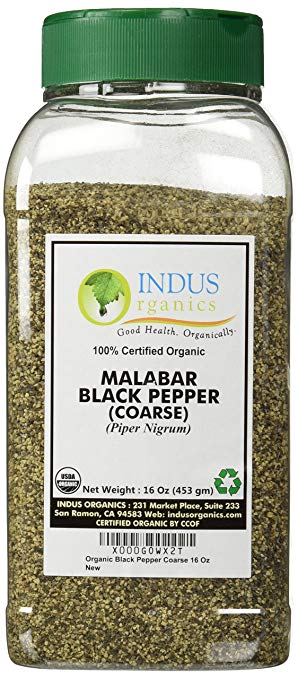 Indus Organics Malabar Black Pepper Coarse, 1 Lb Jar, Premium Grade, High Purity, Freshly Packed