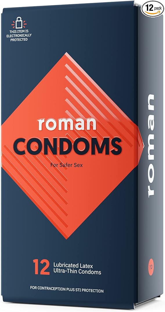 Roman Condoms | Ultra-Thin, Lubricated Condoms Made with 100% Natural Rubber Latex, FDA-Cleared, Electronically Tested for Safety and Reliability, Non-Spermicidal | 12-Pack