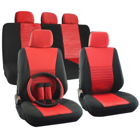 OxGord 17pc Set Flat Cloth Mesh Red & Black Wide Stripe Seat Covers Set - Airbag Compatible - Front Low Back Buckets - 50/50 or 60/40 Rear Split Bench - 5 Head Rests - Universal Fit for Car, Truck, Suv, or Van - FREE Steering Wheel Cover