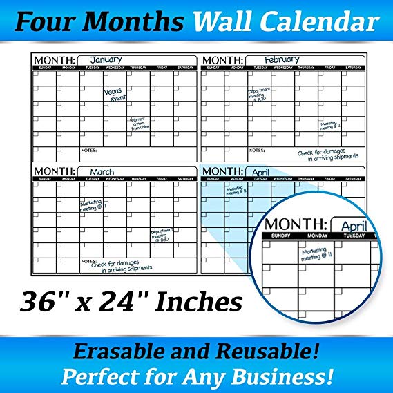 Business Basics EXTRA LARGE Dry Erase 4 Month 24" x 36" in Wall Calendar Laminated Dry or Wet Erase Print Squares to Plan Your Whole Day Perfect for School Office Cubicle Home College Dorms