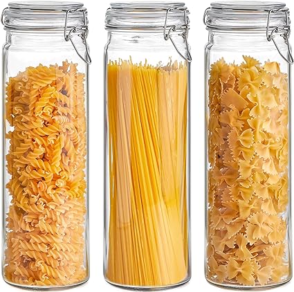 ComSaf 60oz Airtight Glass Jars Set of 3 with Lids Food Storage Jar Round - Tall Spaghetti Container with Clear Preserving Seal Wire Clip Fastening for Kitchen Canning, Pasta, Nut, Dry Goods