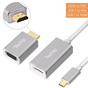 HDMI to VGA, Techip USB C to HDMI to VGA Adapter Cable Support 4k (60Hz) for New Macbook Pro/Chromebook Pixel/Dell XPS/Samsung Galaxy S8/S8 Plus and Other USB-C Enabled Devices