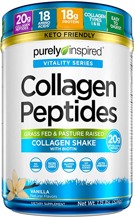 Purely Inspired Collagen Protein Powder, Grass Fed & Pasture Raised Collagen Peptides Supplement, Vanilla, 23srv, Vanilla, 1 Pound