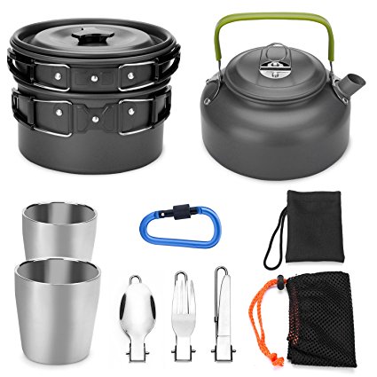 Odoland 10pcs Camping Cookware Mess Kit, Lightweight Pot Pan Kettle with 2 Cups, Fork Knife Spoon Kit for Backpacking, Outdoor Camping Hiking and Picnic