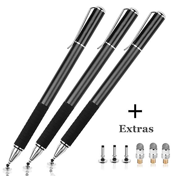 Fine Point Pro Stylus Pen with Clear Disc for iPhone, iPad, iPad Pro, Samsung Galaxy Cellphones & Tablets and All Other Touch Screen Devices (3Pcs with Extras)