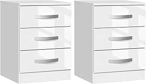 HOMCOM Modern Nightstand Set of 2, Bedside Tables with 3 High Gloss Drawers for Bedroom, White