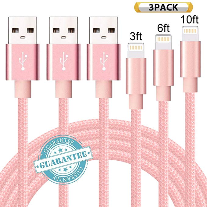 DANTENG Phone Charger 3Pack 3FT 6FT 10FT Nylon Braided Charging Cables USB Charger Cord, Compatible with Phone Xs X 8 8 Plus 7 7 Plus 6 6 Plus Pad Pod Nano - Pink