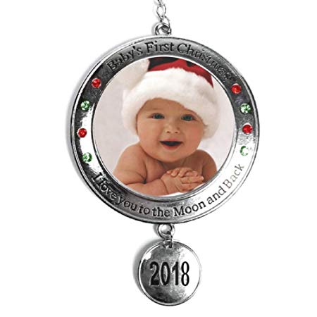 BANBERRY DESIGNS Baby's First Christmas - 2018 Photo Xmas Ornament - I Love You to the Moon and Back Picture Opening for Babies