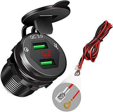Quick Charge 3.0 Car Charger, 12V/24V USB Car Charger, Aluminum Dual QC3.0 USB Port Charger Socket Power Outlet with LED Digital Voltmeter DIY Kit for Marine, Boat, Motorcycle, Truck, Golf Cart（Black）