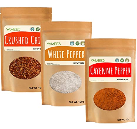 Yamees Crushed Chili, White Pepper & Cayenne - 30 Oz (10 Oz Bag) - All Natural Bulk Spices and Seasoning - 3 Pack