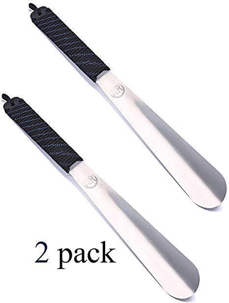 Metal Shoe Horn, Long Leather Handled Shoehorn for Men, Women, Kids, Seniors, Pregnancy, Boots and Shoes, Heavy Duty Stainless Steel(Black 2Packs)