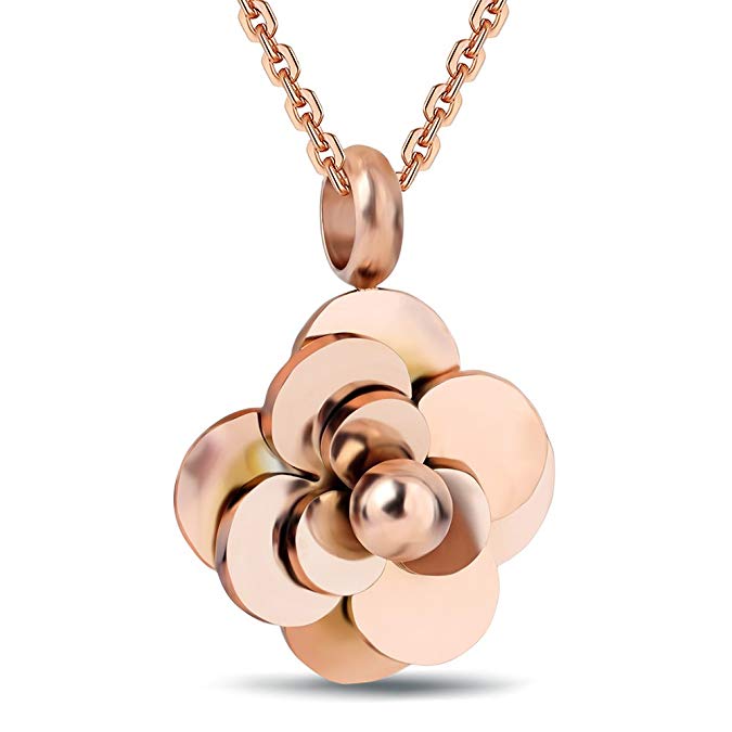 VQYSKO Stainless Steel Camellia Pendant Flower Choker Necklaces for Women