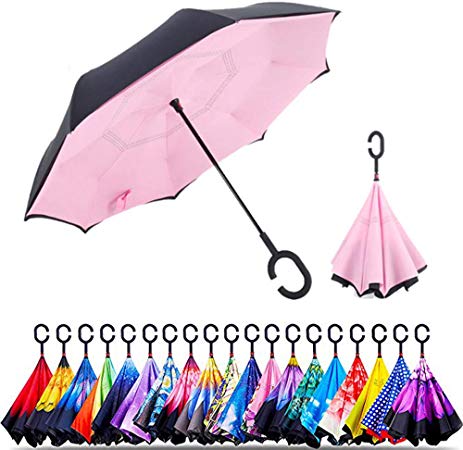 Original Deals Inverted Inside Out Umbrella | Double Layer Inverted UV Protection Unique Windproof Umbrella | Reverse Open Folding Umbrellas with C Hook for Hanging on Points (Pink)