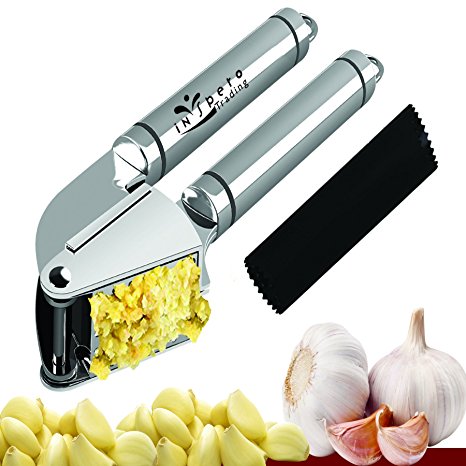 Stainless Steel Garlic Press and Peeler Set – Heavy Duty Garlic Masher, Crusher, Mincer, Presser & Silicone Peeler – Easy to Use Dishwasher Safe – Peel & Mince Fresh Garlic In Seconds - by Inspero