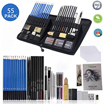 55 Piece Sketching Pencils and Drawing Set neatly Presented in Sturdy Zipper Case with pop-up Feature, Professional High Quality Art kit Sketch Pencils Set