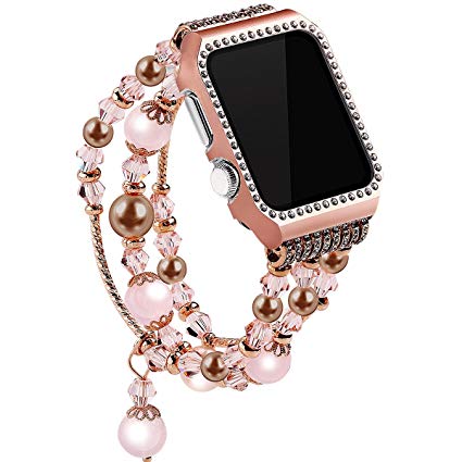 Moonooda Replacement for iWatch Band, Colorful Watch Wristband 38mm with Glitter Diamond Metal Case, Crystal Beads Pearl Bracelet Feminine Women Band Compatible with Watch Series 3 2 1, M, Pink