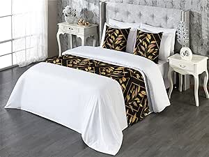 Ambesonne Botanical Bed Runner Set, Geometric Style Floral Autumn Theme Rhombus Shapes with Gold Leaves, Decorative Bedding Scarf and 2 Pillow Shams for Hotels Homes, King, Pale Cinnamon Dark Grey