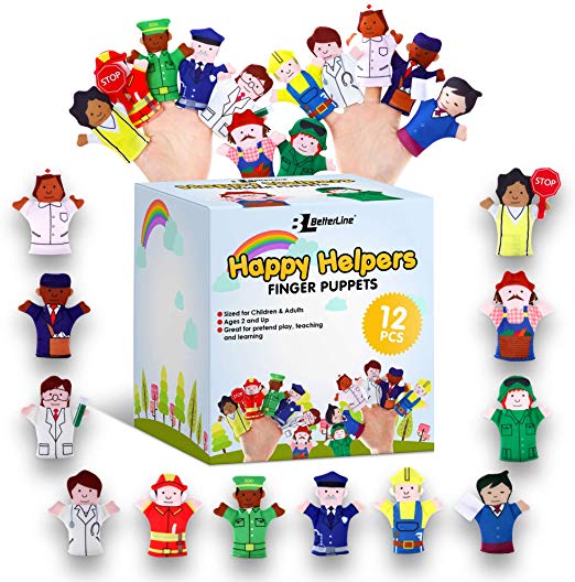 Limited Edition Happy Helpers Finger Puppets 12-Piece Set - Teach and Learn with a Variety of Neighborhood People Characters - Free Bonus E-Book - For Families, Children, Kindergarten, Play and ESL