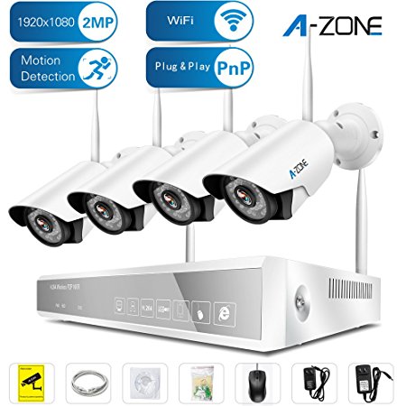 A-ZONE 4CH 1080P NVR Wireless Security Cameras System Kit 4Pcs 1080P WiFi Indoor Outdoor Wireless IP Camera with Night Vision Easy Remote Without Hard Drive