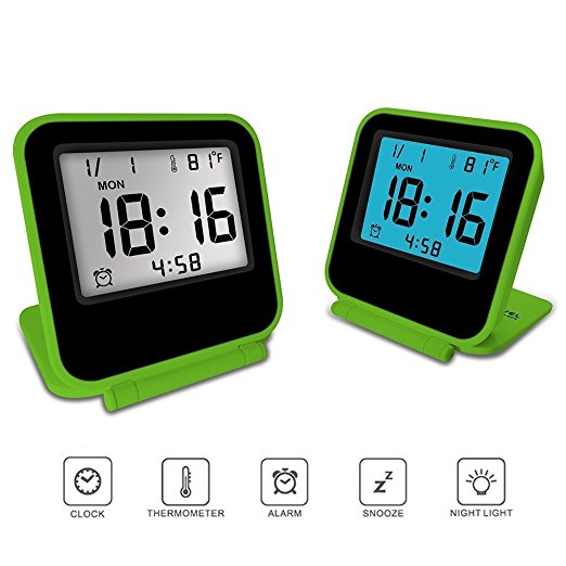 Electronic Alarm Clock, Travel Clock, KLAREN Portable Digital Clock with Calendar & Temperature - Battery Included (Green)