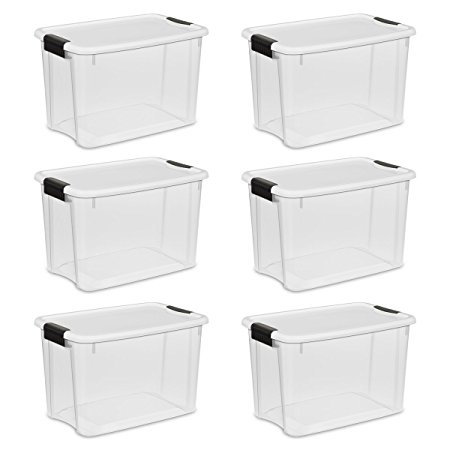 Sterilite 19859806, 30 Quart/28 Liter Ultra Latch Box, Clear with a White Lid and Black Latches, 6-Pack