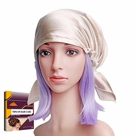 Savena 100% Mulberry Silk Night Sleeping Cap for Long Hair Bonnet Hat Smooth Soft Many Colors, Hair Care Ebook Included (Beige)