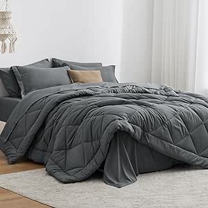 Love's cabin Full Comforter Set Dark Grey, 7 Pieces Full Bed in a Bag, All Season Full Bedding Sets with 1 Comforter, 1 Flat Sheet, 1 Fitted Sheet, 2 Pillowcase and 2 Pillow Sham