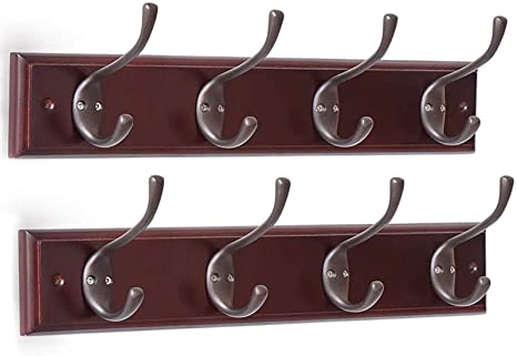 Wall Mount Hat Rack, Gaoyu Wall Mounted Coat Hooks, 4 Big Dual Hook (2 Pack) for Entryway Bathroom Closet Room and Office, Brown