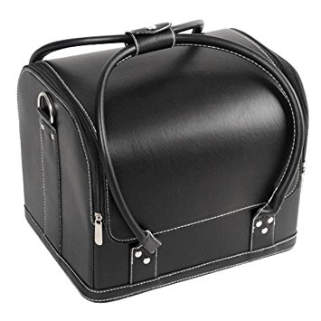 HST Beauty Make up Box Vanity Case Nail Polish Storage Organiser Cosmetic Bag Faux Leather With Shoulder Strap (Plain Black)
