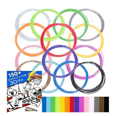 3D Filament Fun Pack - 175 ABS - 16 colors of which 2 GLOW IN DARK - 150 Stencils BONUS Downloadable PDF eBook - 320 ft of Colorful Filaments - 20 feet per color