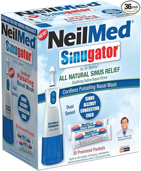 NeilMed Sinugator Cordless Pulsating Nasal Wash Kit with One Irrigator, 30 Premixed Packets and 3 AA Batteries(Pack of 36)