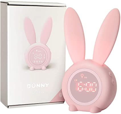 KKUYI Kids Alarm Clock with Night Light for Girls USB Charging Powered by Battery Timer Function Magnet Installation Pink Bunny Clock