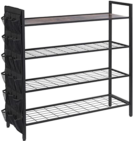 VECELO Shoe Rack Entryway Storage Stand with Removable Side Pockets, 4-Tier Organizer, Brown