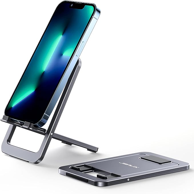 JSAUX Phone Holder, Portable Foldable Mobile Phone Stand, Aluminum Adjustable Phone Holder Desk Compatible for iPhone 15 Pro Max/15 Pro/15 Plus 14 13 12 11, Samsung S23 S22, Switch, iPad 4-8'' (Grey)