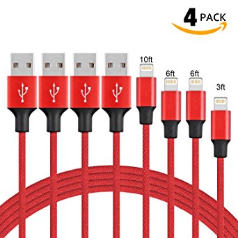 Lightning Cable, iPhone Cable, iPhone Charger, UPMSX 4Pack 3FT 6FT 6FT 10FT Lightning Cord to USB Charging Cord for iPhone X 8/8 Plus 7/7 Plus/6/6 Plus/6s/6s Plus and more (Red)