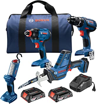 Bosch GXL18V-496B22 18V 4-Tool Combo Kit with Compact Tough 1/2 In. Drill/Driver, 1/4 In. and 1/2 In. Two-In-One Bit/Socket Impact Driver, Compact Reciprocating Saw and LED Worklight