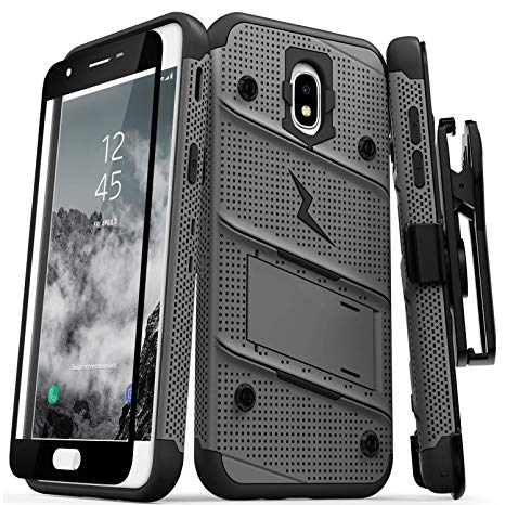 Zizo Bolt Series Compatible with Samsung Galaxy Amp Prime 3 Case Military Grade Drop Tested with Tempered Glass Screen Protector Holster Metal Gray