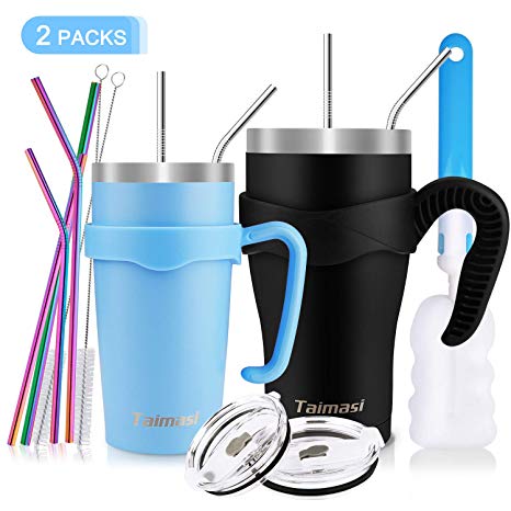 30oz 20oz Tumbler with Straw, 2 Packs Stainless Steel Insulated Tumblers, Double Wall Vacuum Coffee Travel Mugs Tumblers with 2 Lids, 8 Straws, 2 Handles