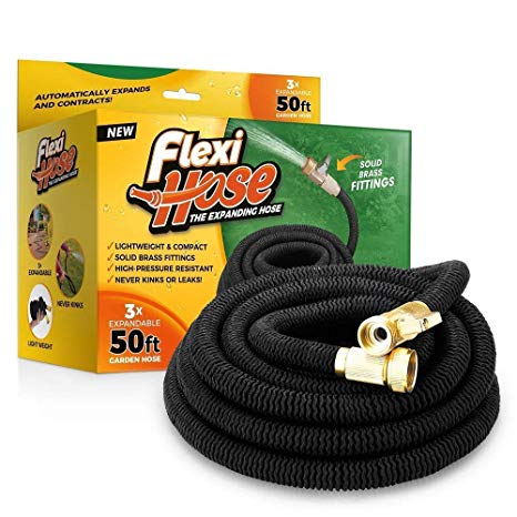 FlexiHose Upgraded Expandable 50 FT Garden Hose Extra Strength 3/4" Solid Brass Fittings - The Ultimate No-Kink Flexible Water Hose