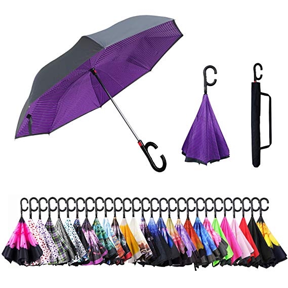 Inverted Umbrella Cars Reverse Umbrella UV Protection Windproof Umbrella for Car Rain Outdoor with C-Shaped Handle(Purple Black Stripe)