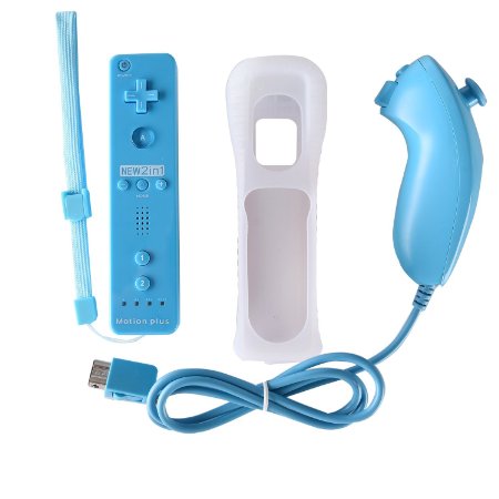 FastSnail Nunchuck Built in Motion Plus and Remote Controller Set for Wii&Wii U&Mini Wii with Silicon Case Blue