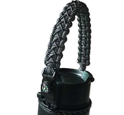 QeeLink Paracord Handle Compatible with Hydro Flask Wide Mouth Water Bottles - Paracord Carrier Strap Cord with Safety Ring & Carabiner & Compass & Fire Starter, 12oz - 64oz